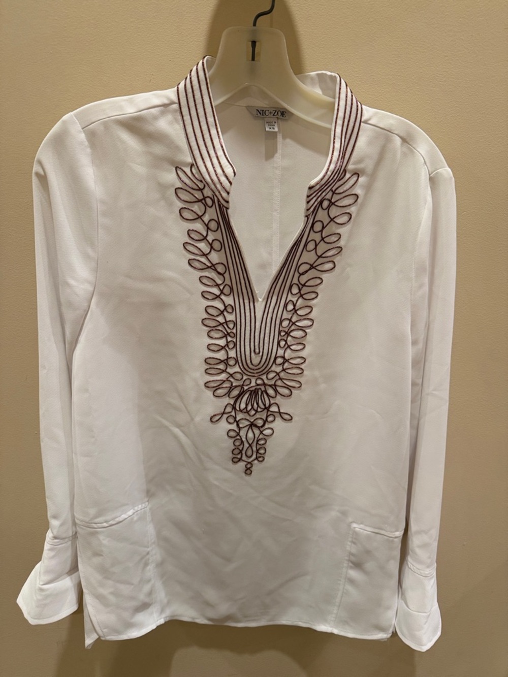NIC+ZOE White Tunic Shirt with Brown Embroidered Detail